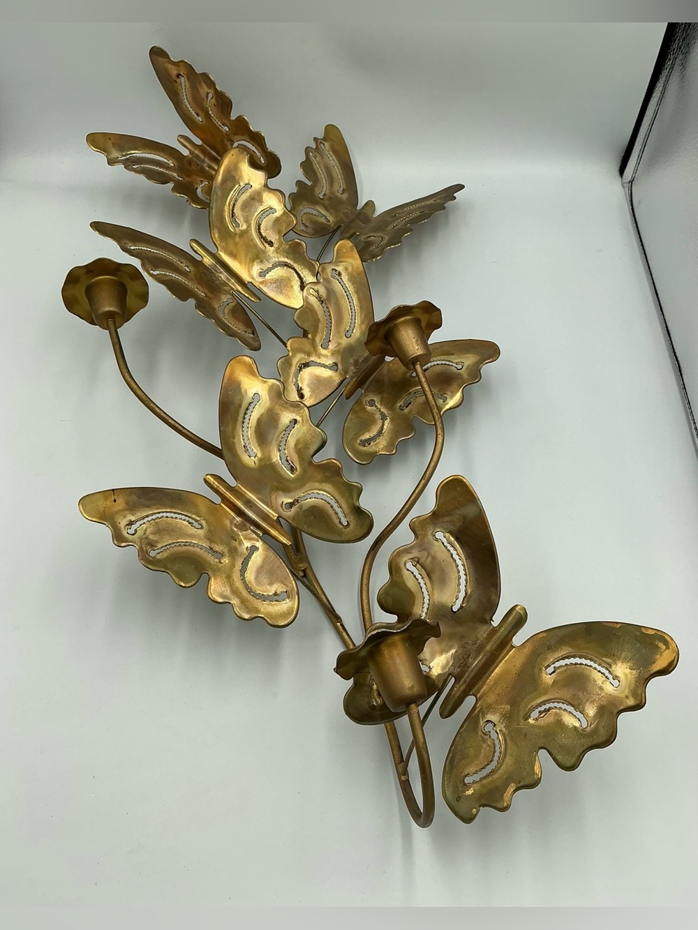 Vtg MCM Metal Art Brass Butterflies Wall Hanging 3 Candle Sconces 24” x 11” EUC - Picture 3 of 5